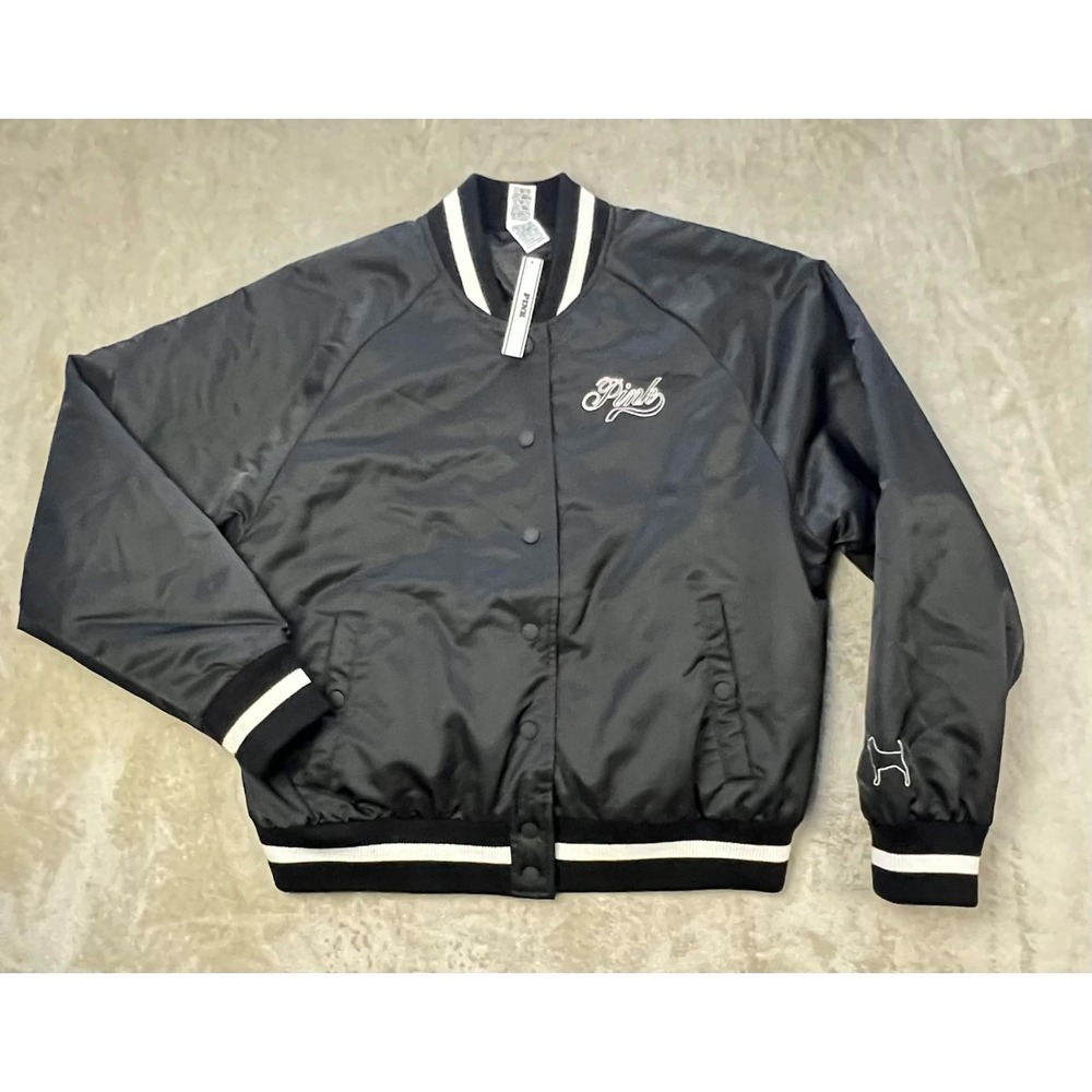 PINK Victoria's Secret Black Satin Bomber Varsity Jacket Large NWT ST 11272372